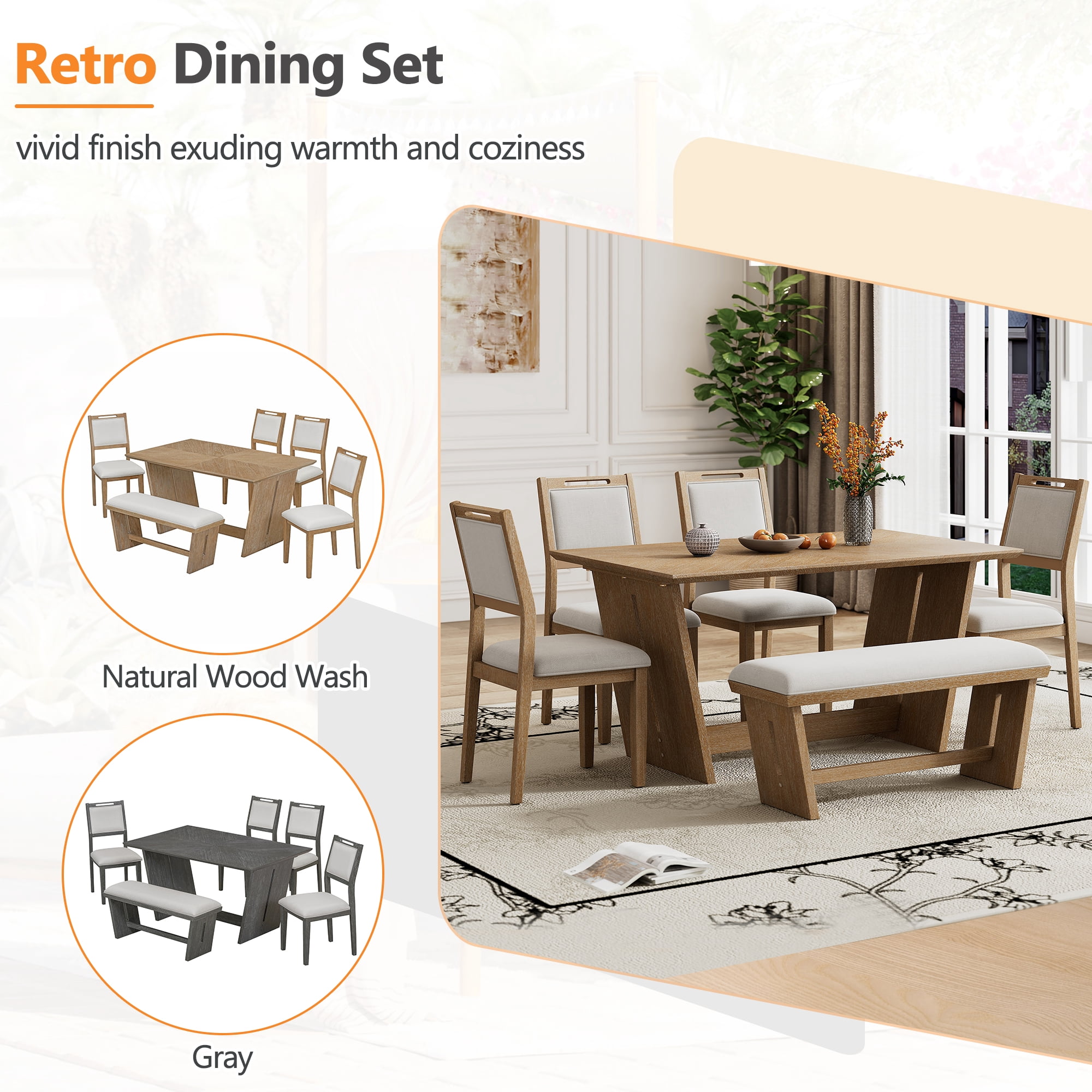 Howcool Retro 6-Piece Dining Set, 60" Wood Table, Trestle Base, 4 Chairs & Bench, Natural Wood Wash