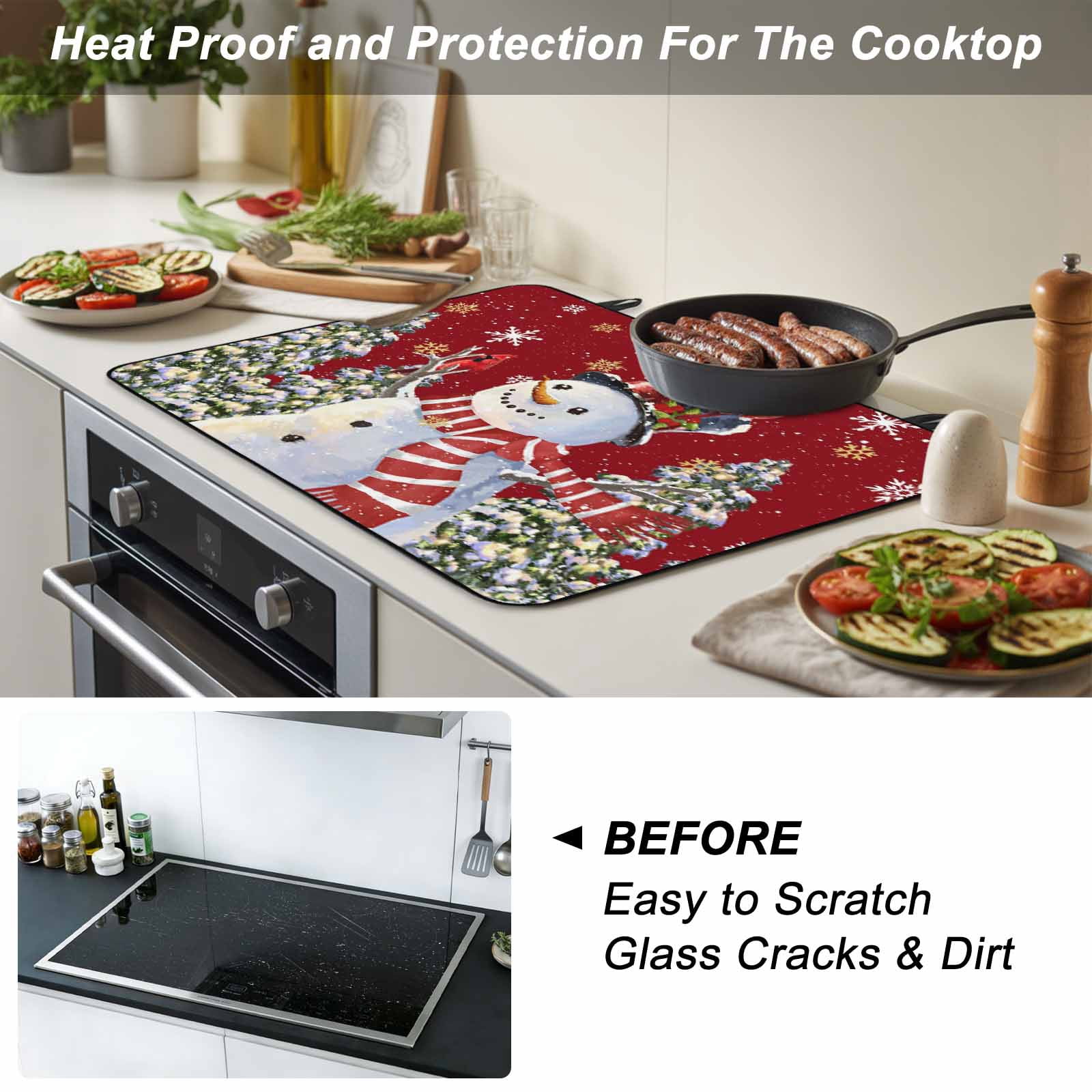 Red Snowman Stove Top Cover for Electric Stove, Heat-proof & Non Slip Glass Top Stove Cover Protector, Christmas Tree Snowflake Winter Holiday Kitchen Flat Cooktop Rubber Mat 24x21 Inches