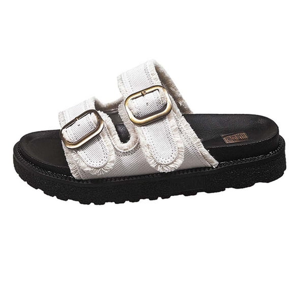 Fiaer Women's Buckle Denim Platform Slippers Open Toe Slide Mules Sandals Summer Fashion Walking Shoes White 9
