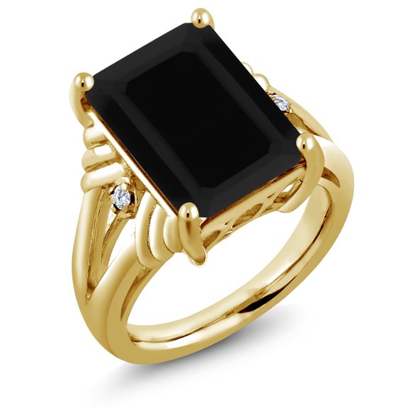 Gem Stone King 18K Yellow Gold Plated Silver Black Onyx and White Moissanite Engagement Ring for Women (6.63 Cttw, Gemstone December Birthstone, Emerald Cut 14X10MM, Size 6)