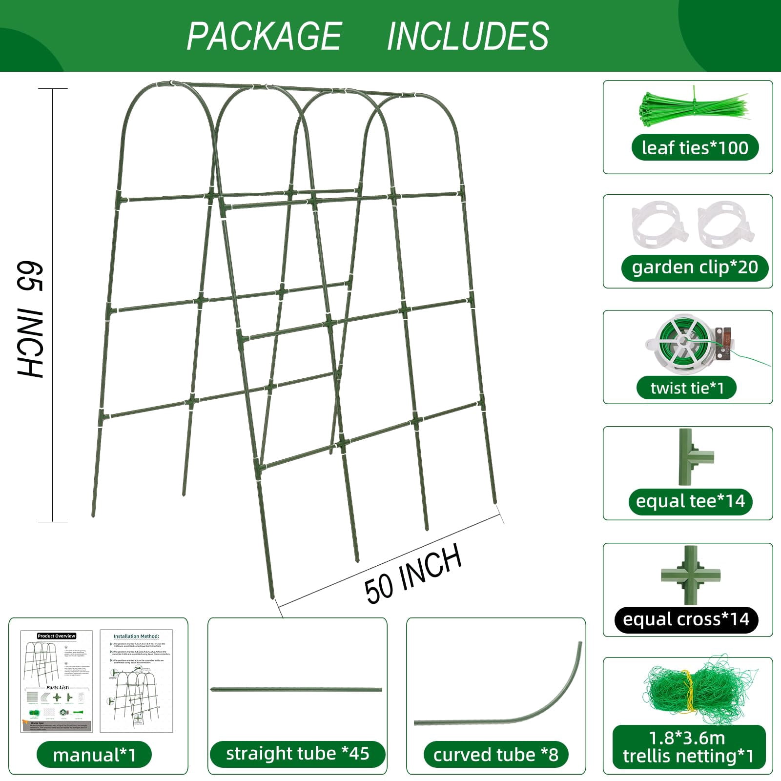 65"*50" Cucumber Trellis For Raised Bed Tall Metal Arch Garden Climbing Plants Outdoor Vegetables Plant Support Peas Fruit Flower Grape Tomato  Bean