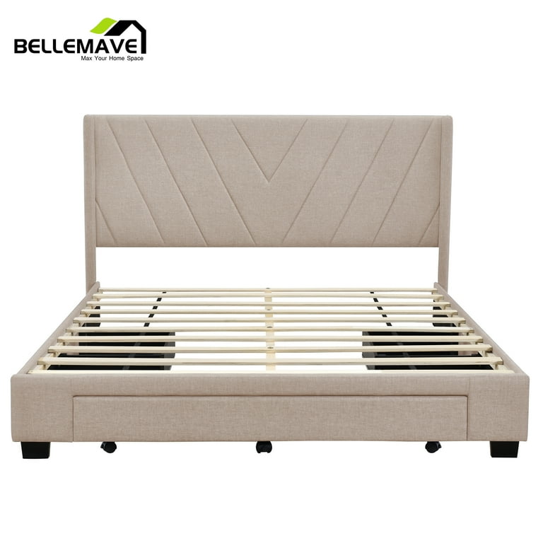 Bellemave Beige Linen Upholstery Queen Size Platform Bed with 3