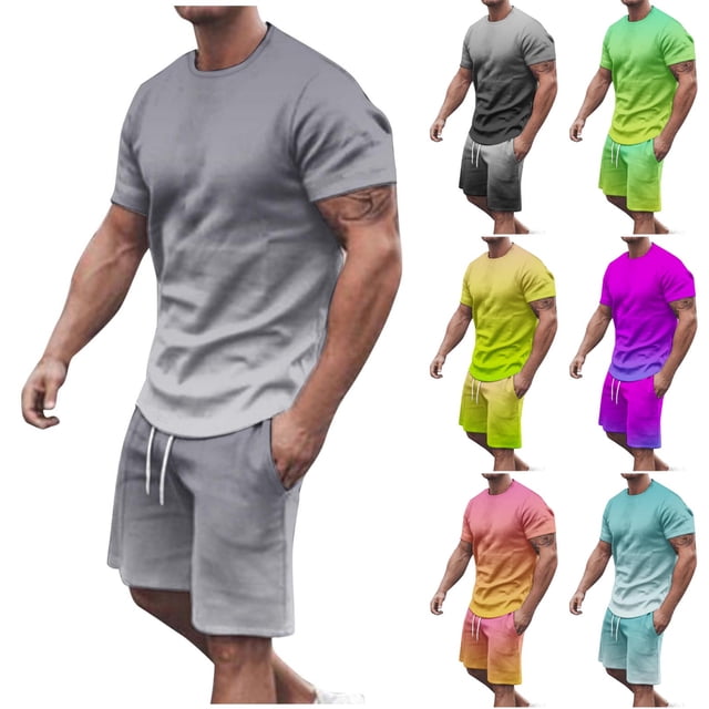 UVEASISHA Mens Running Shorts and Shirt Set,Casual Tracksuits for Men Gradient Color Short Sets Summer Muscle Workout 2 Piece Outfits 2025 Fashion Sweatsuit Set Today Sales