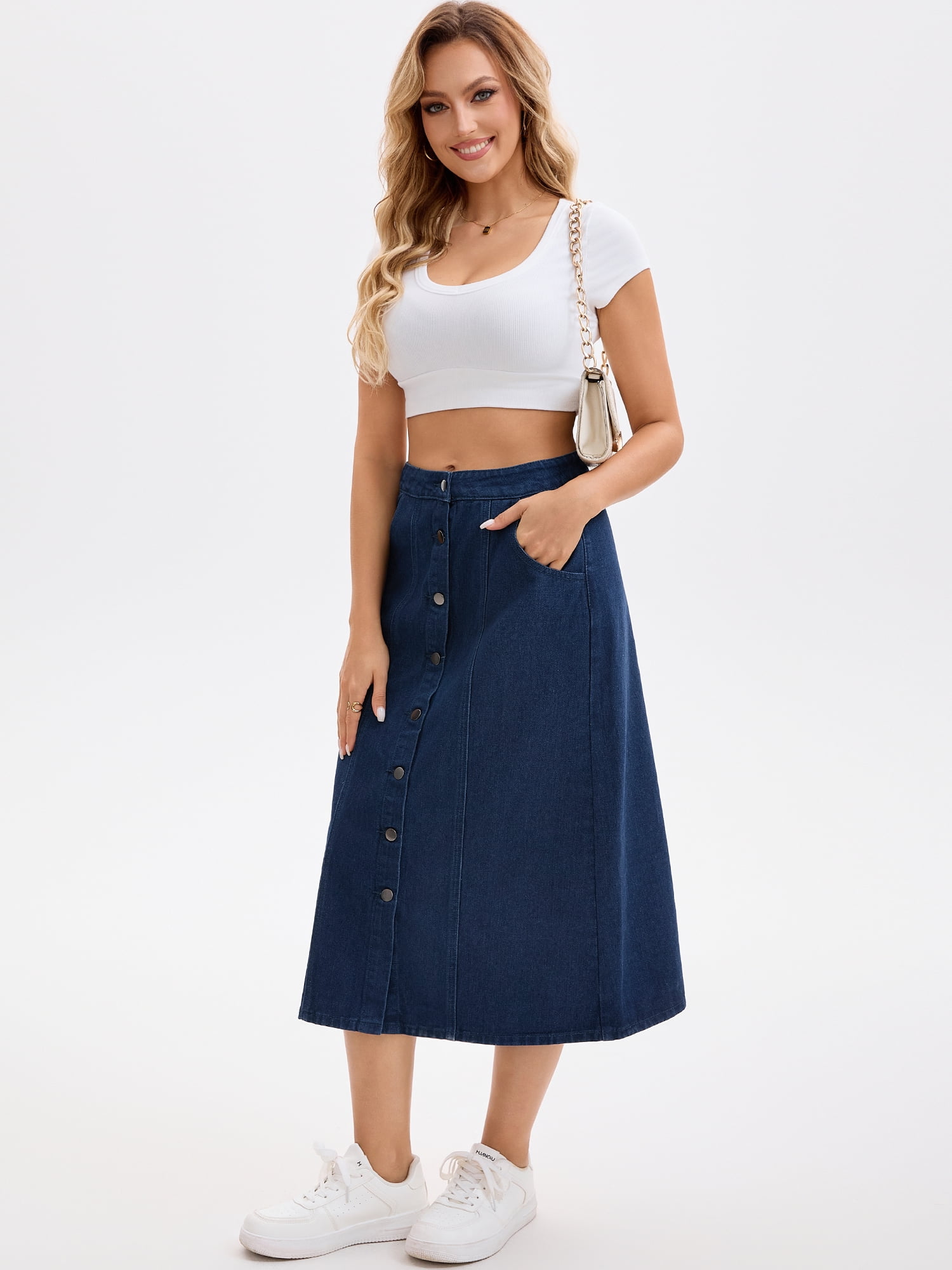 DARING DIVA Women's Button Down Front Slit A Line Midi Jean Skirts L Dark Blue