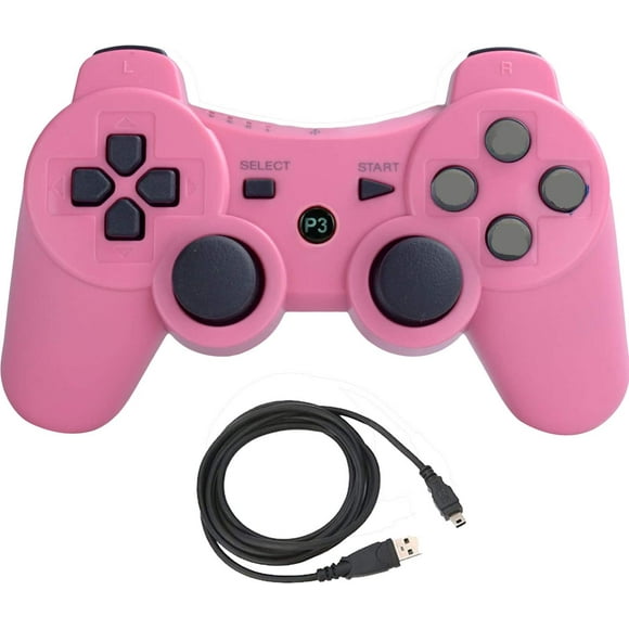 Wireless Controllers Replacement for PS3 Remote Gamepad Joystick Double Vibration with Charging Cable (Pink)