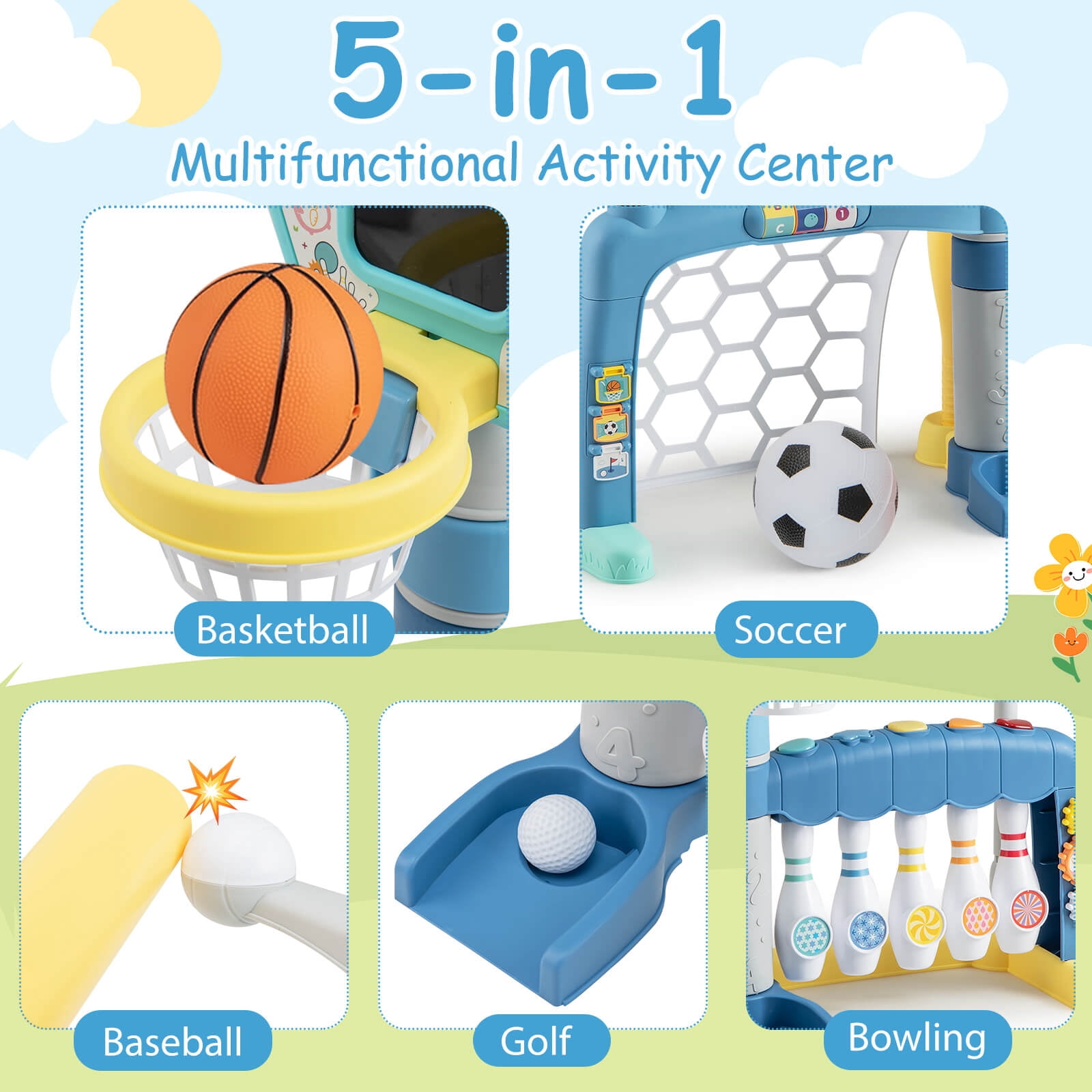 Costway Toddler Sports Toys 5-in-1 Basketball Soccer Bowling Baseball Golf with Lights