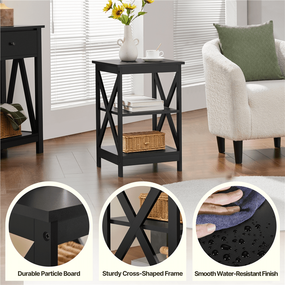 Renwick 3 Tier Wood X Shape Square End Table for Living Room, Black