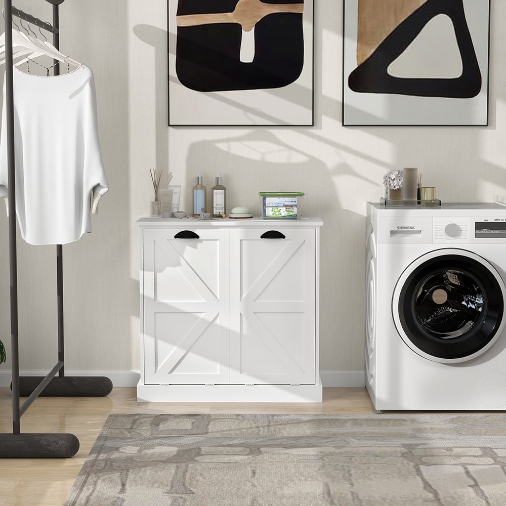 MIDOQIN Double Tilt Out Laundry Hamper Cabinet, Wooden Hidden Laundry Sorter Cabinet Free Standing Trash Can Cabinet for Home, Living Room