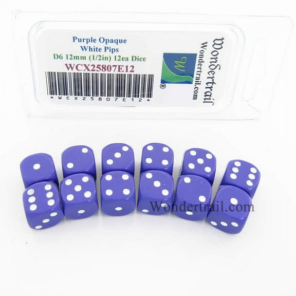 Purple Dice with White Pips D6 12mm (1/2in) Pack of 12 Wondertrail