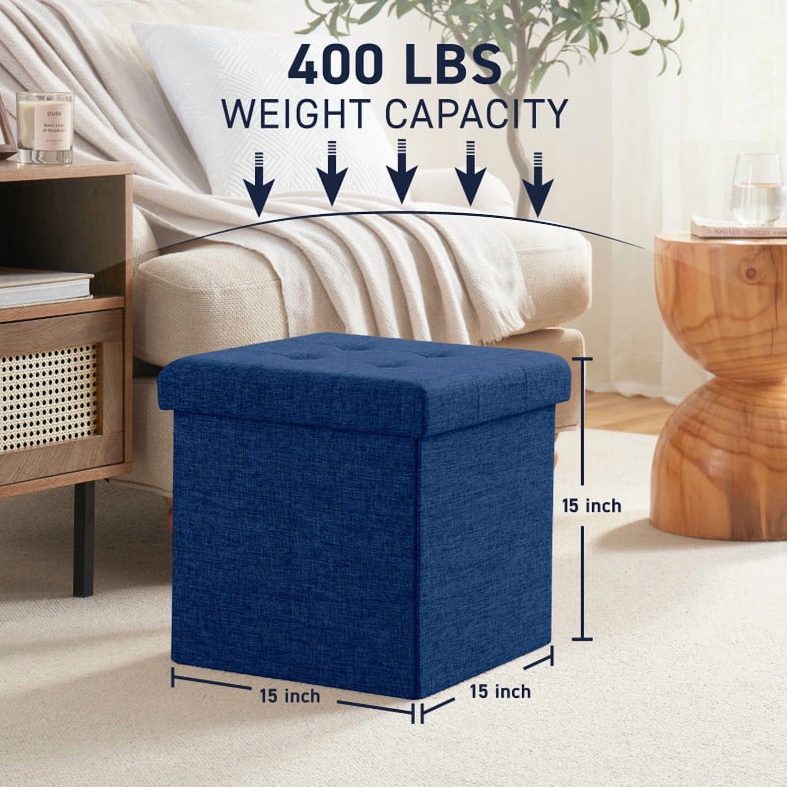 Ornavo Home 2 Pack 15 Inch Folding Storage Ottoman with Storage, Square Cube Linen Small Storage Ottoman Foot Rest Stool - Navy Blue