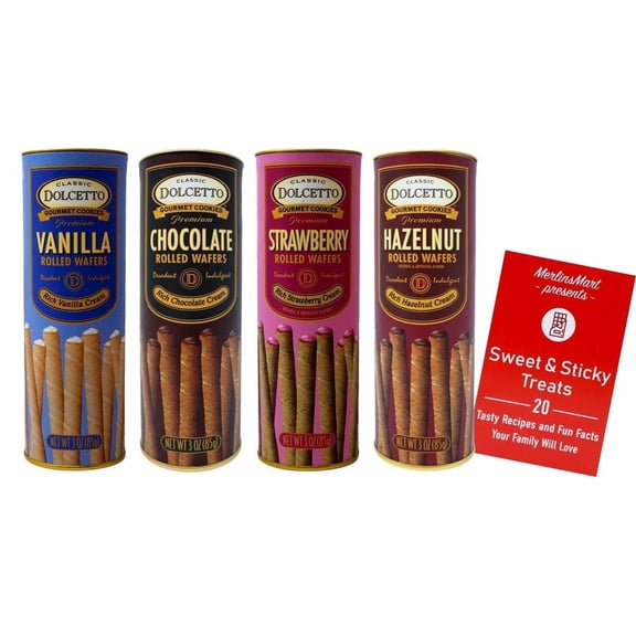 Dolcetto Cream Filled Rolled Wafers Variety 4-Pack | Vanilla, Chocolate, Strawberry & Hazelnut | 3 oz | MerlinsMart Zine