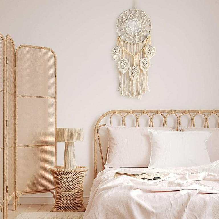 Nice Dream Boho Dream Catchers Wall Decor, Macrame Dream Catcher with 5 Woven Leaves Wood Beads Tassels for Bedroom Decor