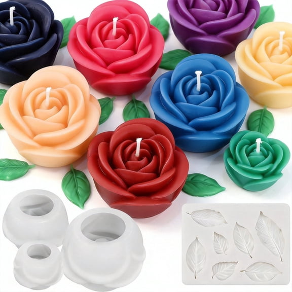 Rose Flower Silicone Molds Set for Candle Making 3D Floral Epoxy Resin Soap Casting with Leaf Mold Craft Supplies 4 Pieces
