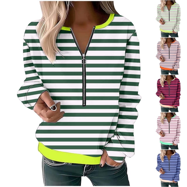 breaise Chandail à Fermeture Éclair pour Femme à Col en V, Décontracté, Manches Longues, Tunique Rayée, Chemise Confortable, Coupe Oversize, Haut à Enfiler, Rouge, P