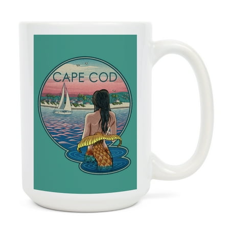 

15 fl oz Ceramic Mug Cape Cod Massachusetts Mermaid and Beach Contour Dishwasher & Microwave Safe