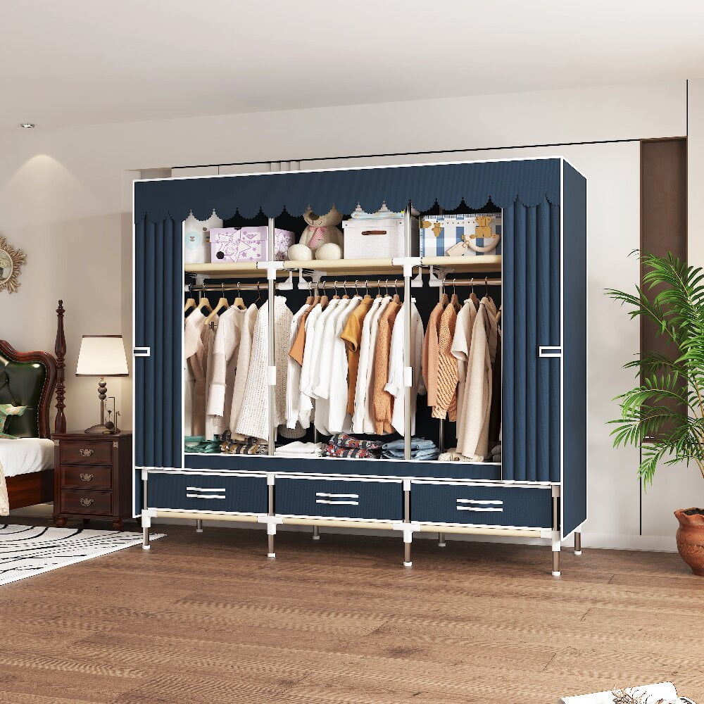 ArluKin 59Inch Portable Wardrobe Closet, 3 Storage Spaces with 3 Hanging Rods,3 Drawers，Steel Frame Fabric Organizer, Easy Assembly and Dust Resistant Design, blue