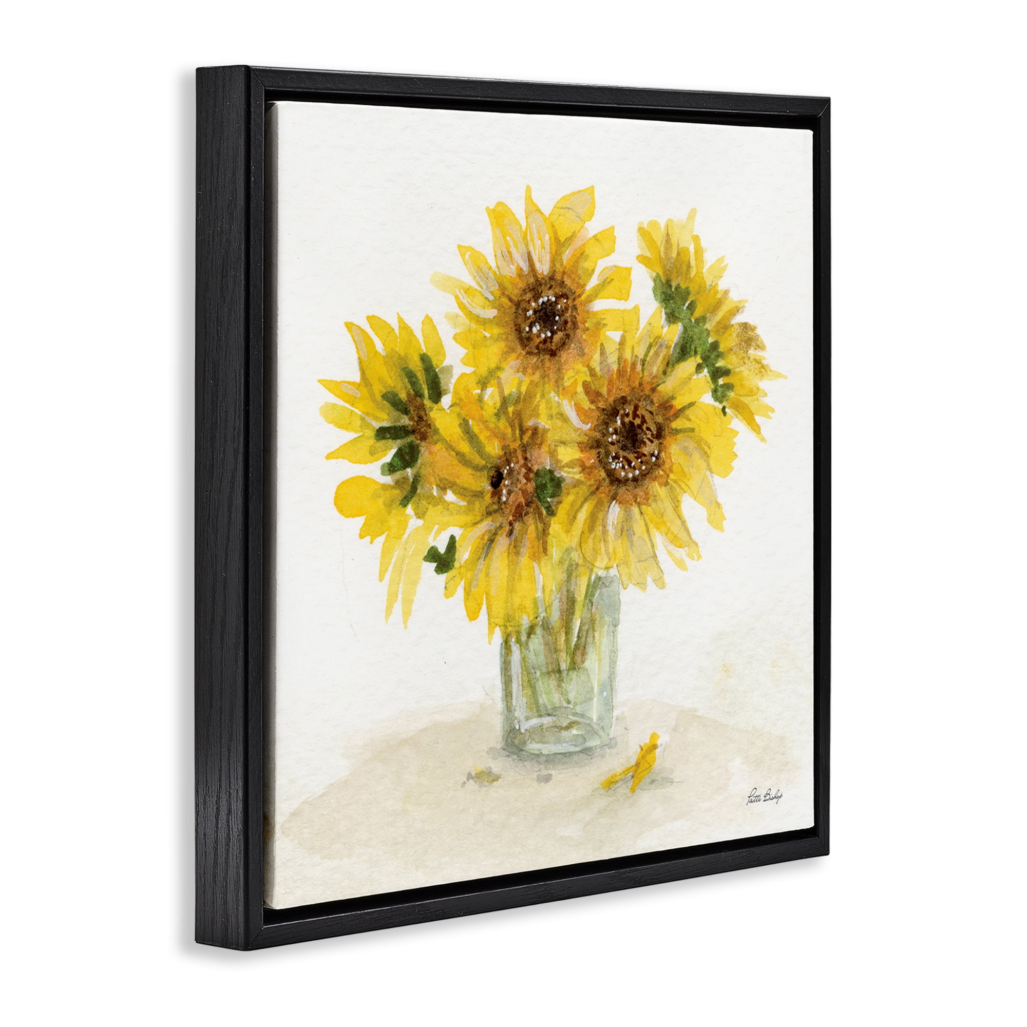 Stupell Industries Sunflower Jar Watercolor Plants & Flowers Painting Black Floater Framed Canvas Art Print Wall Art, 25 x 25