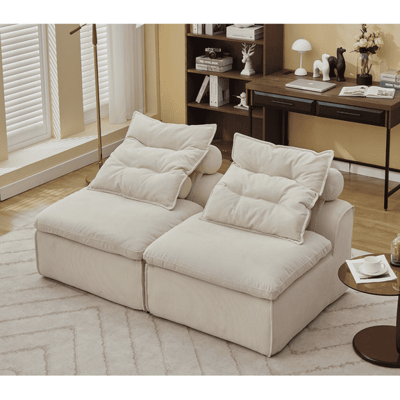 [NEW ARRIVAL] Modular Sofa, No Armrests, DIY Design, Soft Corduroy Fabric, Neck & Lumbar Pillows, 2-Seat Upholstered Lounge Chair for Reading Nook, Apartment Living – Beige