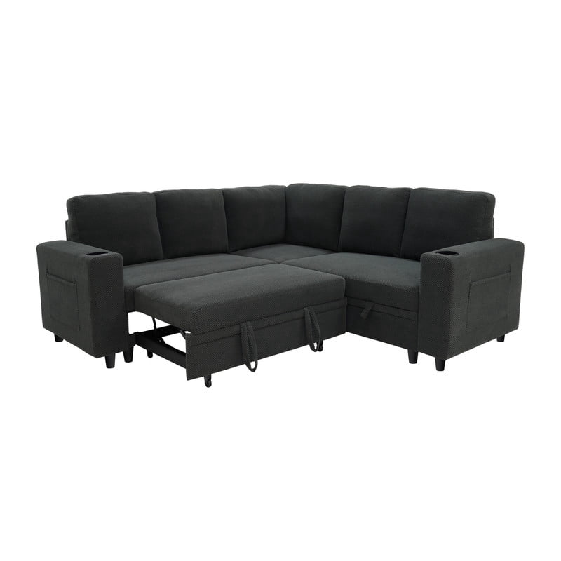 L-Shape Sectional Sofa with Pull-Out Sleeper Bed, Storage Chaise, Cup Holders & Side Pockets, Convertible Corner Sofa Couch for Living Room, Apartment & Guest Room