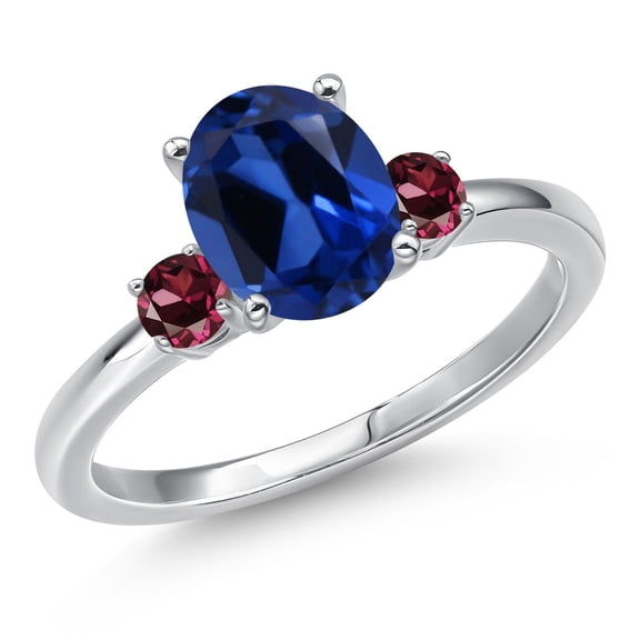 Gem Stone King 14K White Gold Blue Created Sapphire and Red Rhodolite Garnet Engagement Ring for Women | 2.54 Cttw | Oval 9X7MM | Gemstone September Birthstone | Size 7
