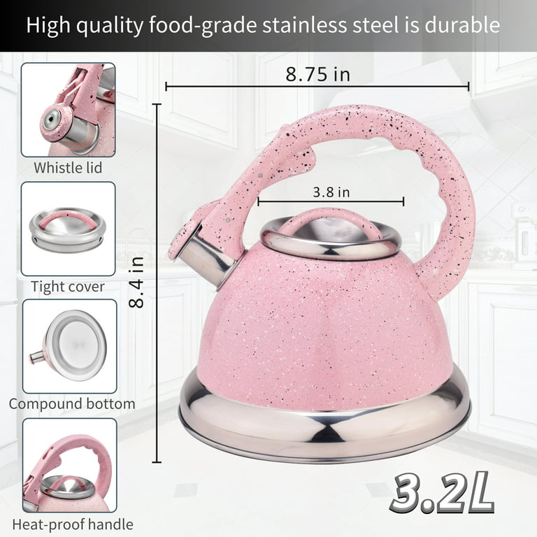 ARC USA 0034 3.2L Pink Tea Kettle Food Grade Stainless Steel with Heat  Resistance Handle and Loud Whistle 