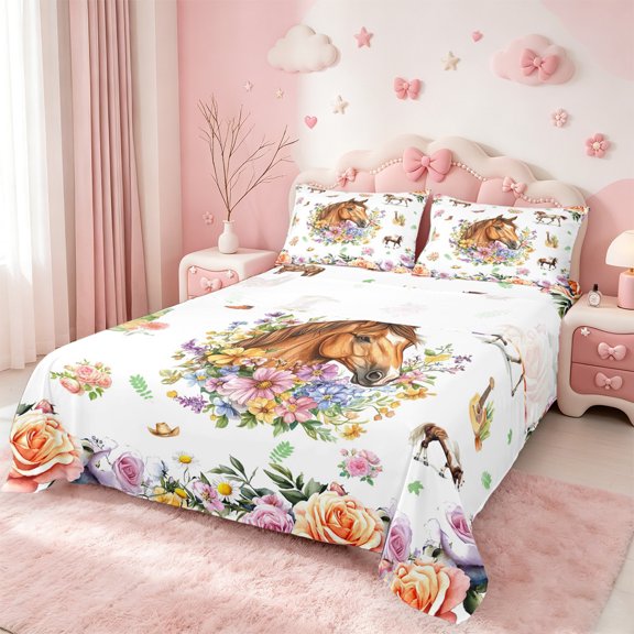 Erosebridal Chic Horse Sheet Set Twin,Farm Animal Bedding Sets Twin Size,Colorful Floral Twin Sheet Sets,Super Cozy Room Decoration,3 Pieces
