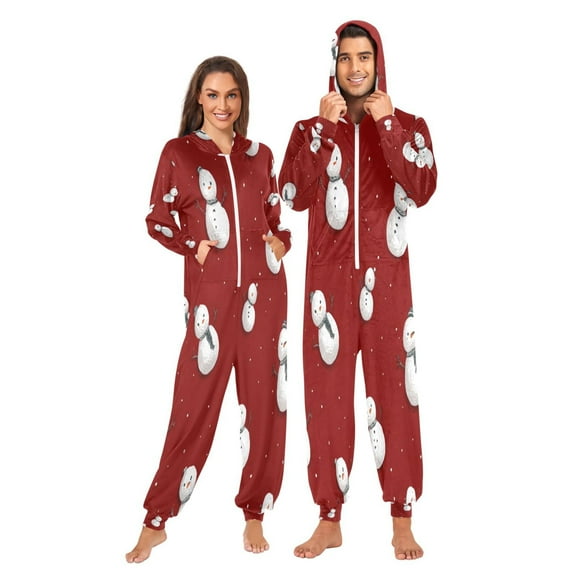 Onesie Jumpsuits For Men&Women Winter One Piece Zipper Pajamas Playsuit White Snowmen Pattern