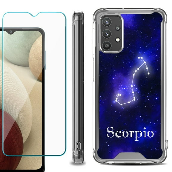 Shockproof Bumper Phone Case for Samsung Galaxy A32 5G, with Tempered Glass Screen Protector, by OneToughShield ® - Zodiac / Scorpio