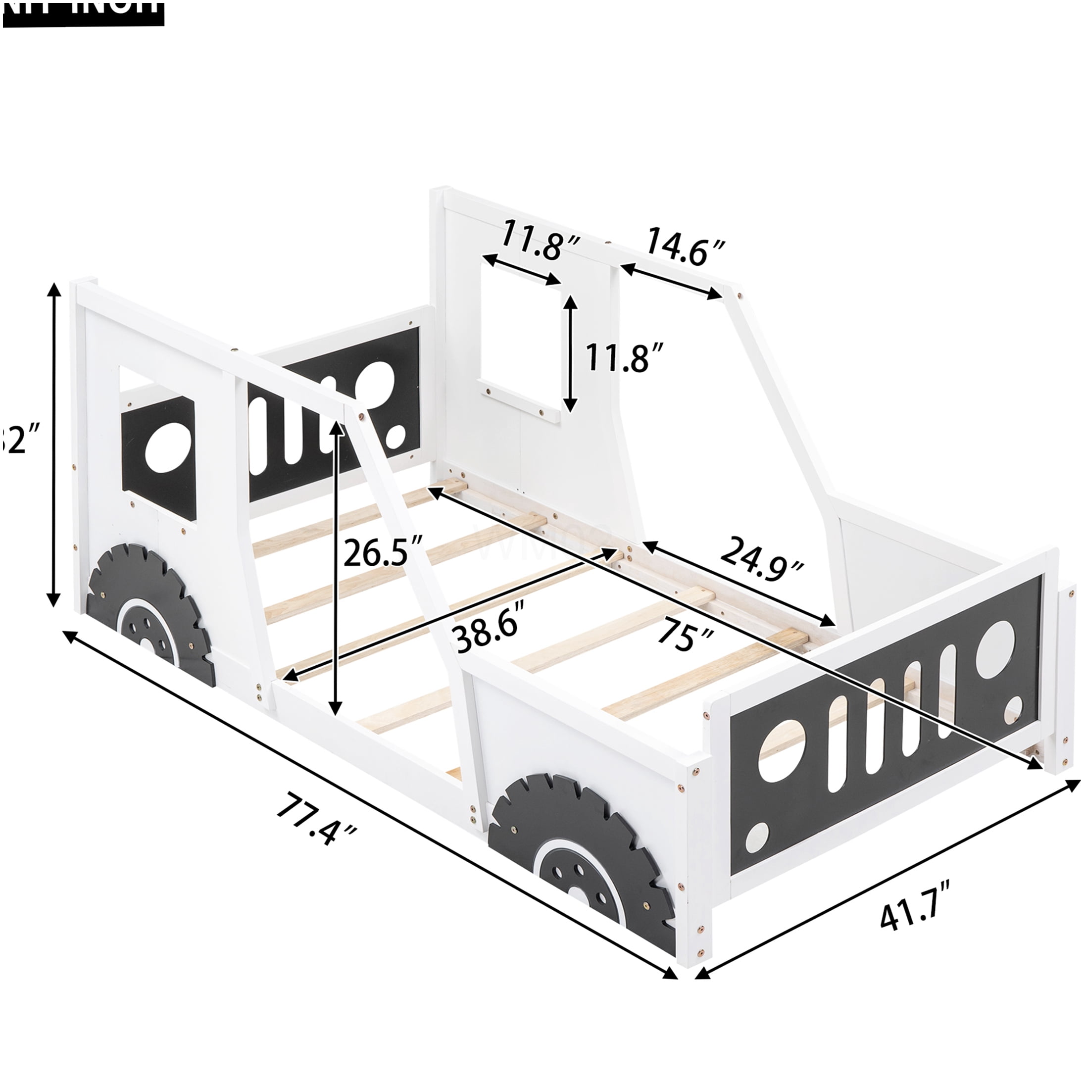 Twin Size Race Car Bed Frame with Wheels, White Wood Platform Bed No Box Spring Needed