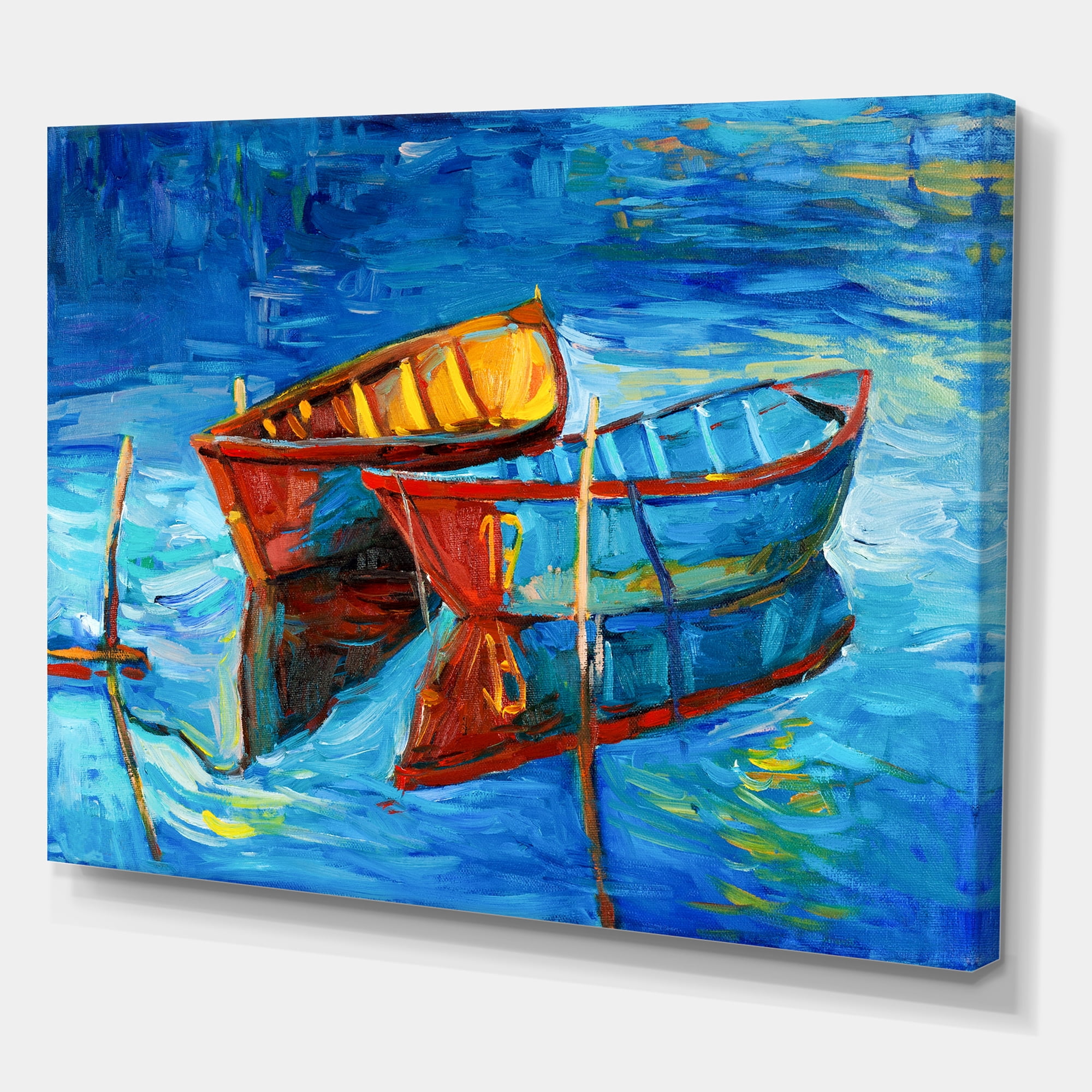 Boat At The Lake During Evening Glow III 8 in x 12 in Painting Canvas Art Print, by Designart