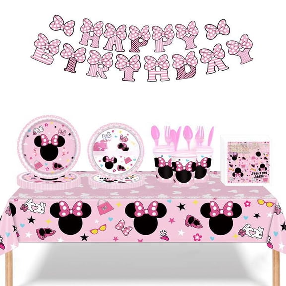 Minnie Birthday Decorations | Minnie Party Decorations | Serves 10 | Banner, Tablecover, Plates, Napkins