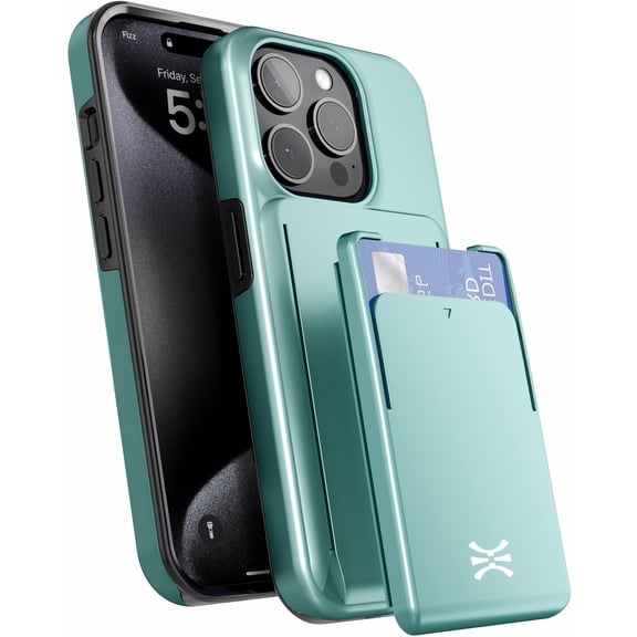TORU CX PRO for iPhone 15 Pro Hard Wallet Case with Detachable Sliding Card Holder for 3 Cards | Slim Dual Layer Protective Shockproof Cover for Wireless Charging - Green