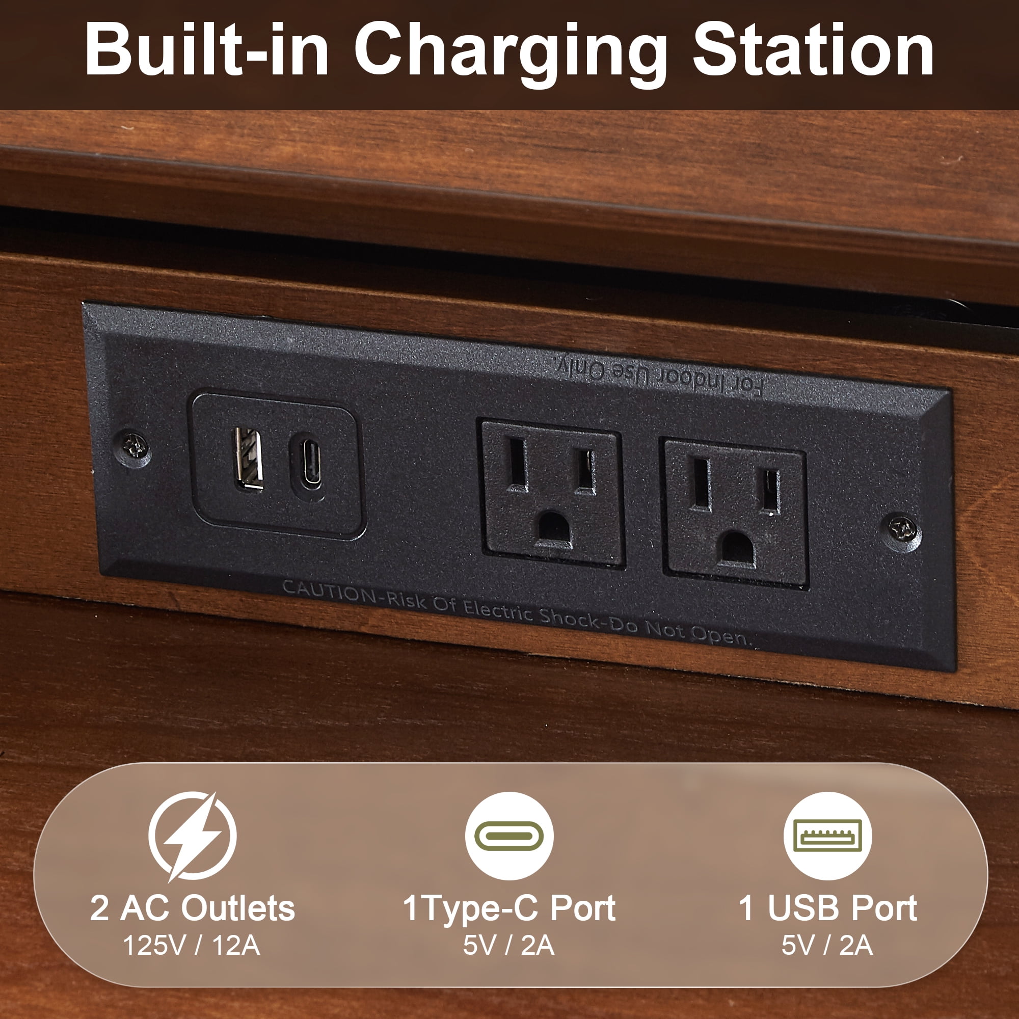 Leumius 24" Nightstand with Charging Station, Keep Your Phone Charged and Bedroom Organized, Wood Bedside Table with 2 Drawers, Open Shelf and USB/Type-C Ports for Bedroom Living Room Walnut