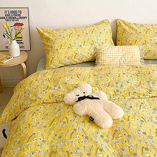 Cottonight Yellow Floral Duvet Cover Queen Flowers Branches Bedding Full Dandelion Pattern Cotton Bedding Set for Girls Teens Women Super Soft Comfy