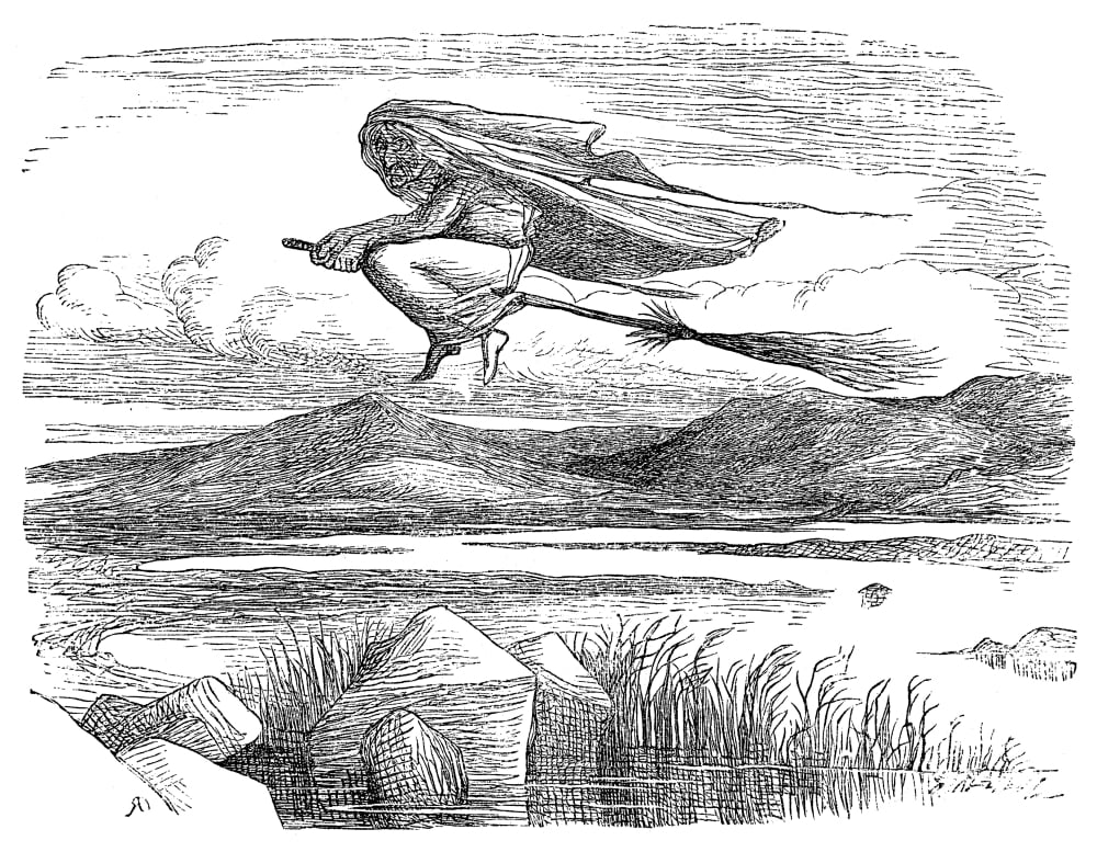 Witch Flying On Broomstick Nwood Engraving English 19Th Century Poster