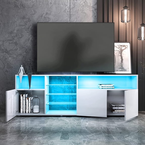 Modern TV Stand, TV Cabinet with 2-Tier Open Shelves and Double Doors with Storage, for TVs up to 70 inch, Wood Media Entertainment Center Console Table for Living Room, Bedroom, White, D4675