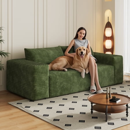 78.8" 3 Seater Sofa, Corduroy Fabric, Deep Seat Couch, No Assembly Required, Loveseat Sofa, for Living Room Bedroom Apartment, Green