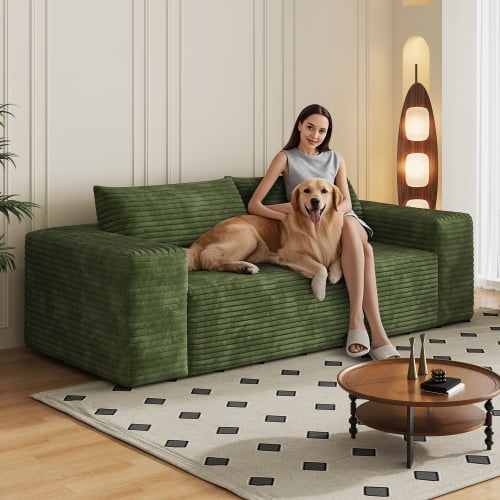 78.8" 3 Seater Sofa, Corduroy Fabric, Deep Seat Couch, No Assembly Required, Loveseat Sofa, for Living Room Bedroom Apartment, Green