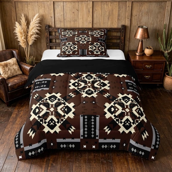 Manfei Aztec Tribal Twin Comforter Sets, Geometric Diamond Bedding Set, Black Brown, Black Reversible 2-Piece, 1 Comforter and 1 Pillowcase