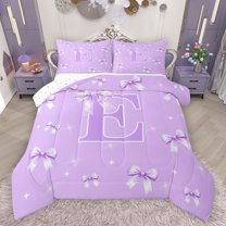 Castle Fairy Kids Teens Personalized Initial E 3 Pieces Queen Comforter Set,Kawaii Purple Ribbon Bowknot Ultra Soft Bedding Sets,Dreamy Princess Stars Bedding Comforter Set Breathable
