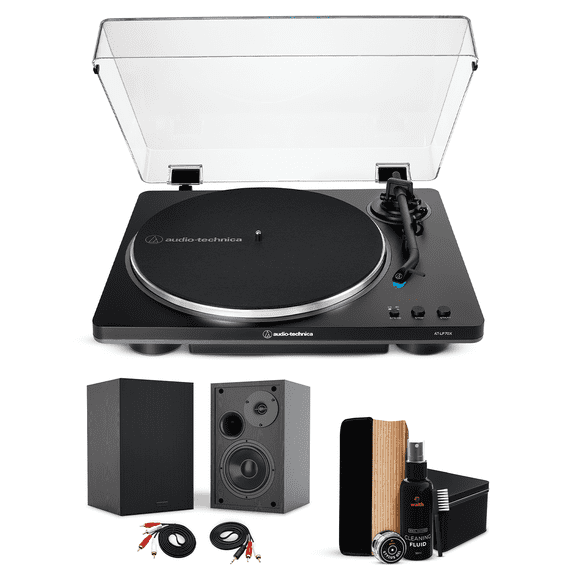 Audio Technica AT-LP70X-BG Automatic Turntable, 2 Bookshelf Speakers & Record Cleaner Kit - Bundle