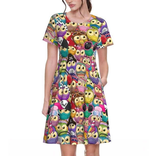 Balery Cute Cartoon Owls Vestidos sueltos de manga corta para mujer, vestidos de verano 2025, vestidos casuales de corte A con vuelo.