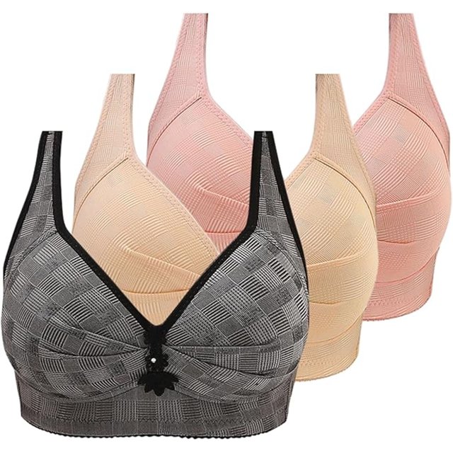 Womens 3 Pack Everyday Bras No Underwire Push up Comfy Bra Plaid Full Coverage Plus Size Sleep Bra