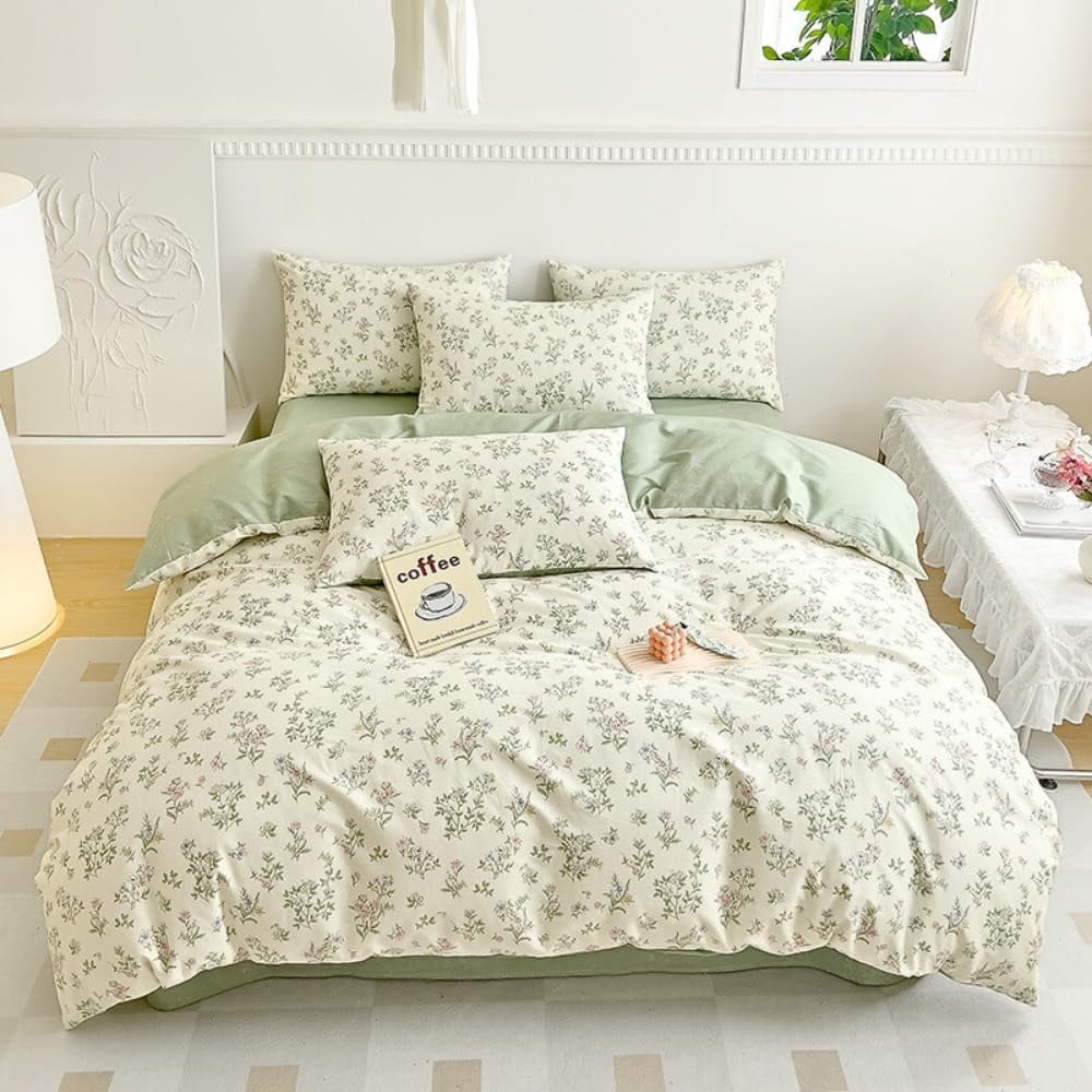 Nayoroom 100% Organic Cotton Duvet Cover Set, 3 Pieces White with Green Leaves Pink Flowers Pattern Reversible Soft Bedding Set King