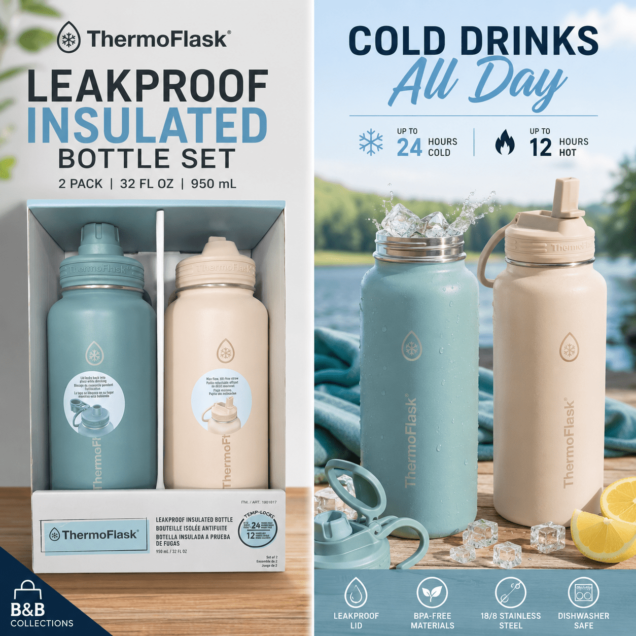 ThermoFlask Leakproof Insulated Stainless Steel Water Bottle Set, 32 oz Reusable Double Wall Vacuum Bottles with Straw & Chug Lids, 2 Pack, Mint & Cream