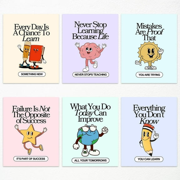 Set of 6 Colorful Growth Mindset Posters, Retro Inspirational Classroom Poster, Motivation Growth Mindset Wall Art for Classroom, Educational Poster for Teachers Bulletin Board