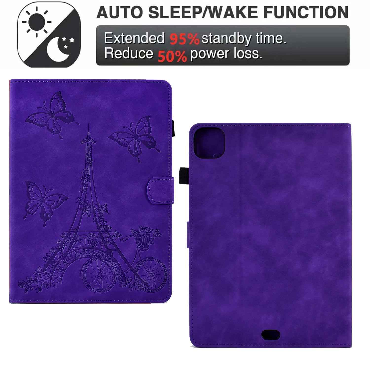Allytechgroup iPad Pro 11 2024 M4 Case Cover, Eiffel Tower Butterfly Embossed Stylish Bumper Auto Sleep Wake Protective Kickstand Slim Fit Pencil Holder Case for Apple iPad 11 Inch Pro 2024, Purple