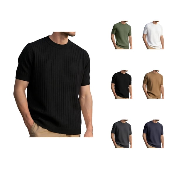 Mens T-Shirts Summer Plain Casual Crew Neck Short Sleeve Ribbed Knit Basic Tops Office Shirts