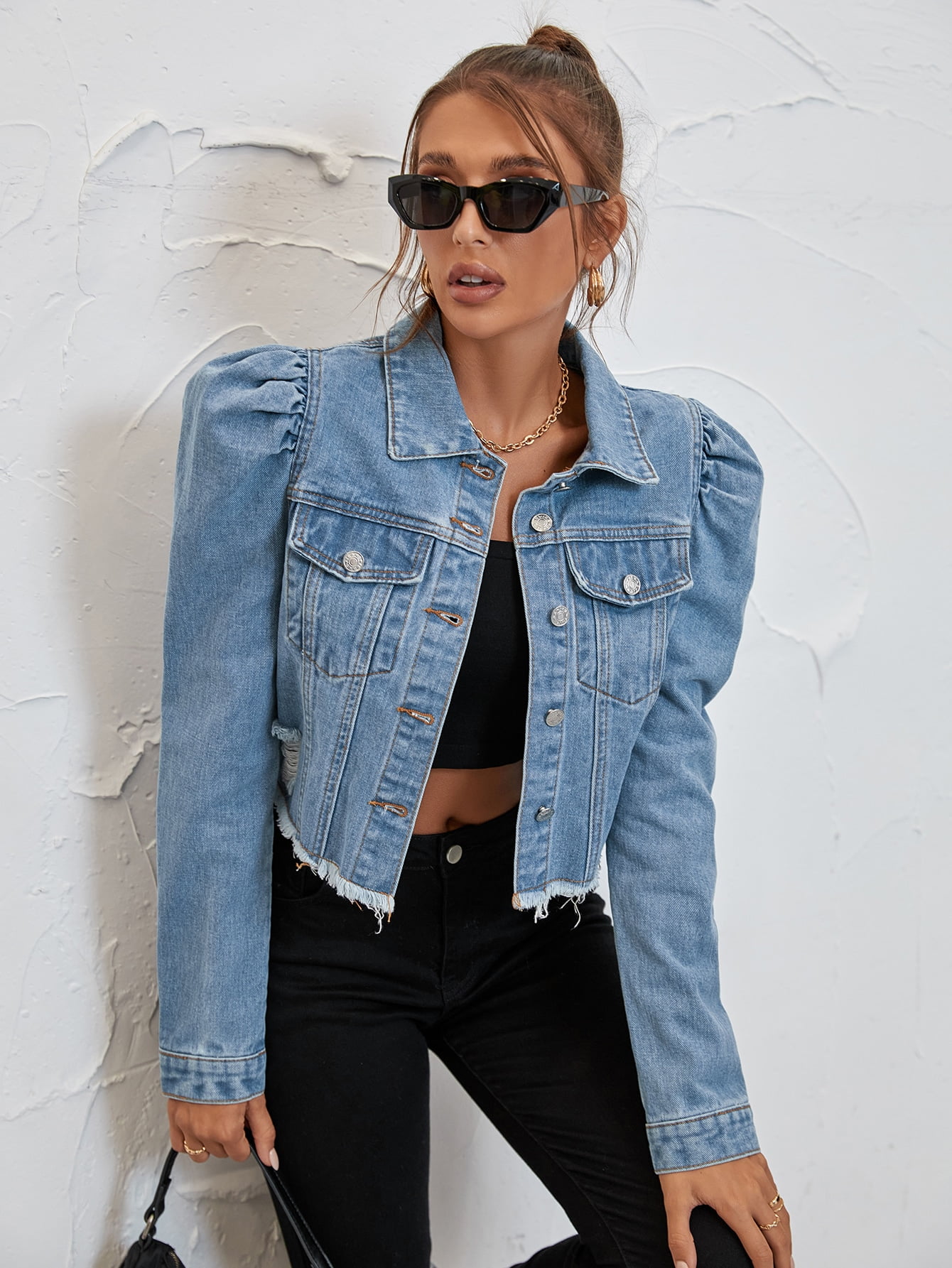 Women's Cropped Puff Sleeve Button 