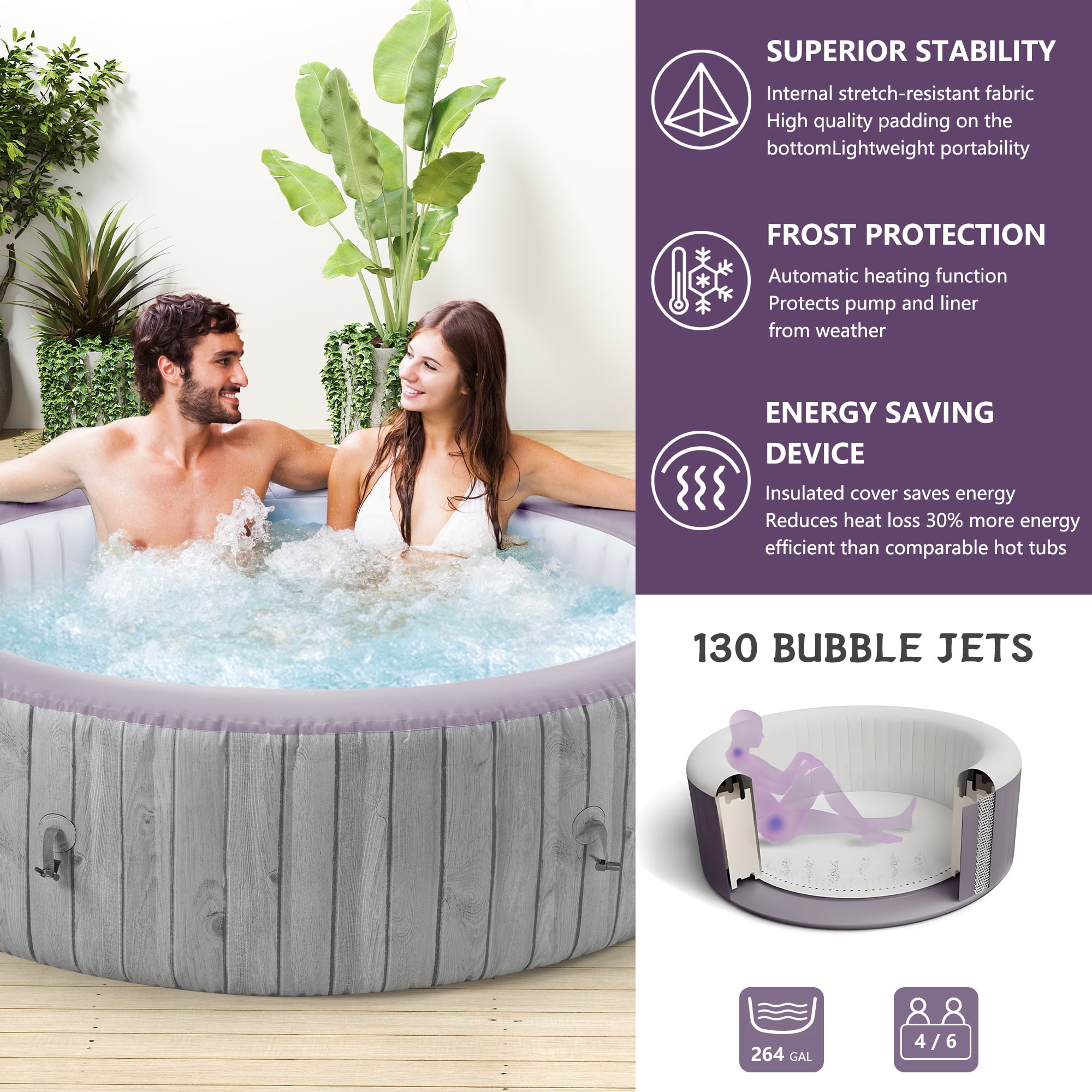 Portable Inflatable Hot Tub with Built-in Heating System - 264 Gallon Capacity, Massage Jet Home Hot Tub with Dust Cover for Teens and Adults, Wood Grain